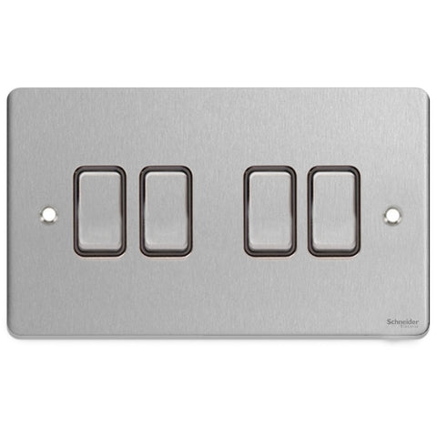 GU1542BBC Ultimate low profile brushed chrome black insert 4 gang 2 way 16AX plate switch
