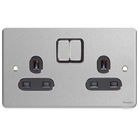 GU3520BBC Ultimate low profile brushed chrome black insert 2 gang 13A switched socket