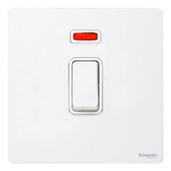 GU4431WPW Ultimate screwless flat plate white metal white insert 1 gang 32A DP plate switch + neon