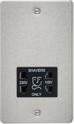 Flat Plate 115/230V dual voltage shaver socket - brushed chrome with black insert