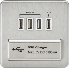 Screwless Quad USB Charger Outlet (5.1A) - Brushed Chrome with White Insert