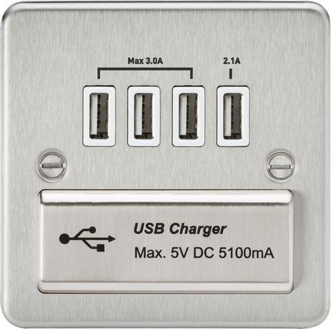 Flat Plate Quad USB charger outlet - Brushed chrome with white insert