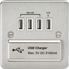 Flat Plate Quad USB charger outlet - Brushed chrome with white insert