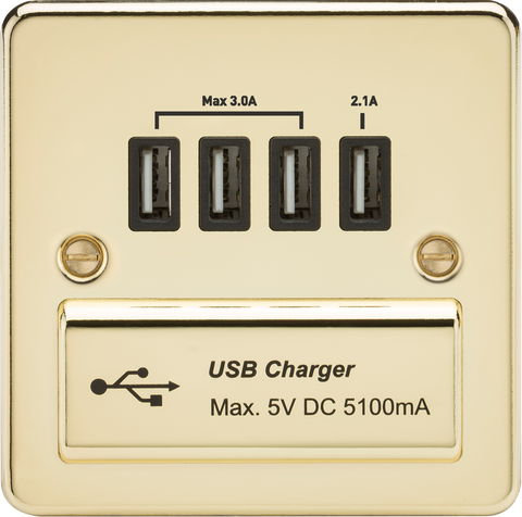 Flat Plate Quad USB charger outlet - Polished brass with black insert