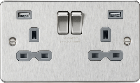 13A 2G switched socket with dual USB charger A + A (2.4A) - Brushed chrome with grey insert