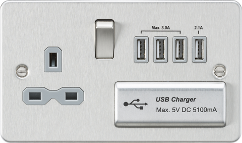 Flat plate 13A switched socket with quad USB charger - brushed chrome with grey insert