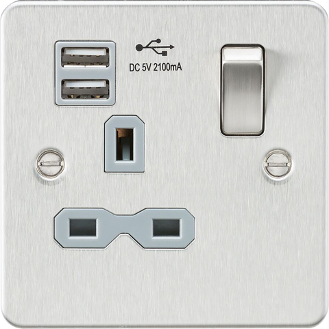 Flat plate 13A 1G switched socket with dual USB charger (2.1A) - brushed chrome with grey insert