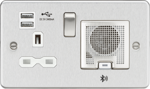 Flat Plate 13A socket, USB chargers (2.4A) and Bluetooth Speaker - Brushed chrome with white insert