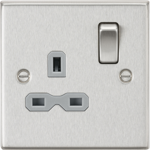 13A 1G DP Switched Socket with Grey Insert - Square Edge Brushed Chrome