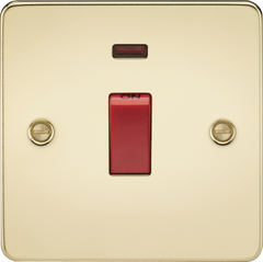 Flat Plate 45A 1G DP switch with neon - polished brass