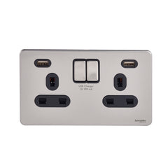 GGBGU3424DBSS Ultimate screwless flat plate stainless steel black insert 2 gang 13A switched socket with 2 X USB