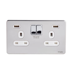 GGBGU3424DWPC Ultimate screwless flat plate polished chrome white insert 2 gang 13A switched socket with 2 X USB