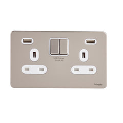GGBGU3424DWPN Ultimate screwless flat plate pearl nickel white insert 2 gang 13A switched socket with 2 X USB