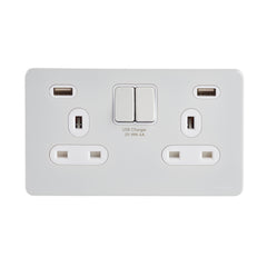 GGBGU3424DWPW Ultimate screwless flat plate white metal white insert 2 gang 13A switched socket with 2 X USB