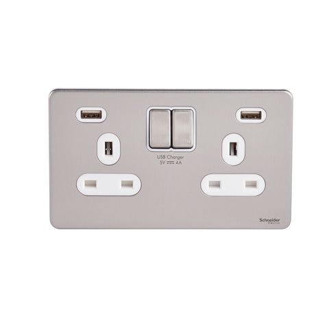 GGBGU3424DWSS Ultimate screwless flat plate stainless steel white insert 2 gang 13A switched socket with 2 X USB