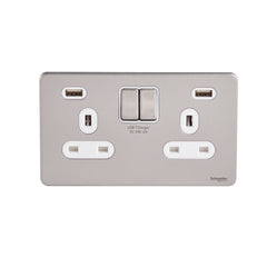 GGBGU3424DWSS Ultimate screwless flat plate stainless steel white insert 2 gang 13A switched socket with 2 X USB