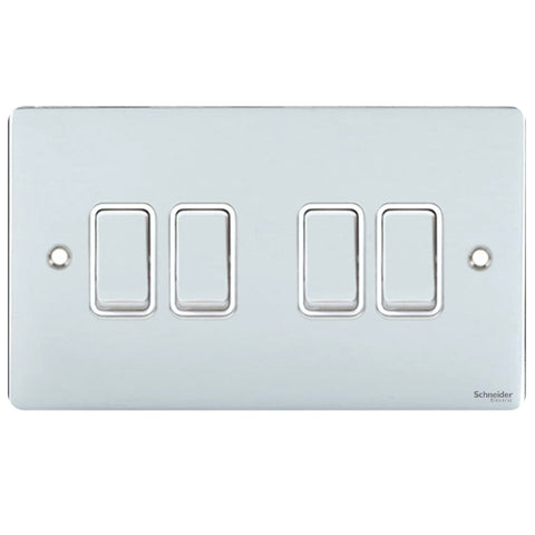 GU1242WPC Ultimate flat plate polished chrome white insert 4 gang 2 way 16AX plate switch