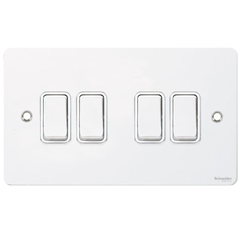 GU1242WPW Ultimate flat plate white metal white insert 4 gang 2 way 16AX plate switch