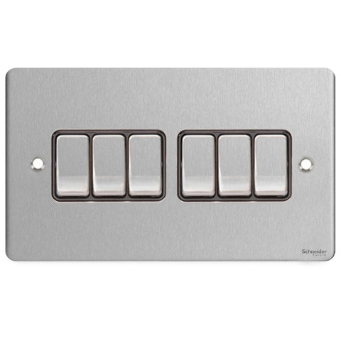 GU1262BSS Ultimate flat plate stainless steel black insert 6 gang 2 way 16AX plate switch
