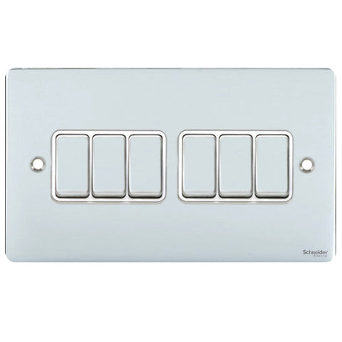 GU1262WPC Ultimate flat plate polished chrome white insert 6 gang 2 way 16AX plate switch