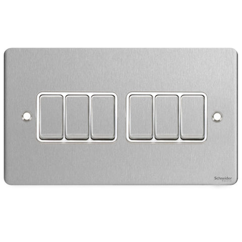 GU1262WSS Ultimate flat plate stainless steel white insert 6 gang 2 way 16AX plate switch