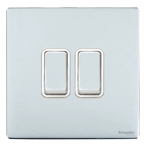 GU1422WPC Ultimate screwless flat plate polished chrome white insert 2 gang 2 way 16AX plate switch