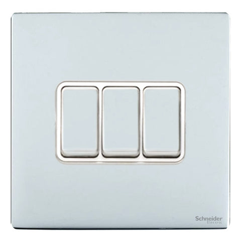 GU1432WPC Ultimate screwless flat plate polished chrome white insert 3 gang 2 way 16AX plate switch