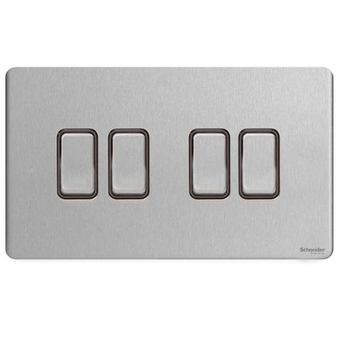 GU1442BSS Ultimate screwless flat plate stainless steel black insert 4 gang 2 way 16AX plate switch