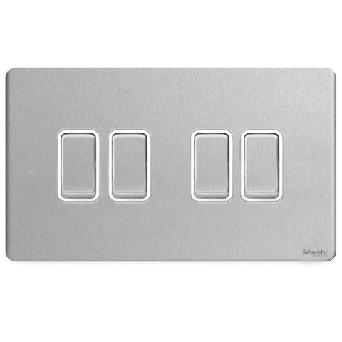 GU1442WSS Ultimate screwless flat plate stainless steel white insert 4 gang 2 way 16AX plate switch