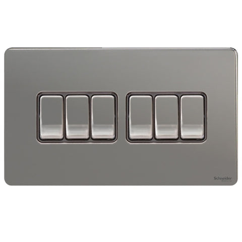GU1462BBN Ultimate screwless flat plate black nickel black insert 6 gang 2 way 16AX plate switch