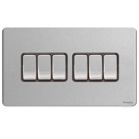 GU1462BSS Ultimate screwless flat plate stainless steel black insert 6 gang 2 way 16AX plate switch