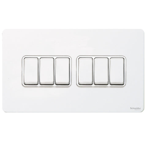 GU1462WPW Ultimate screwless flat plate white metal white insert 6 gang 2 way 16AX plate switch