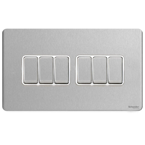 GU1462WSS Ultimate screwless flat plate stainless steel white insert 6 gang 2 way 16AX plate switch