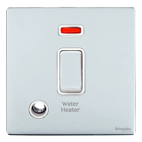 GU2414WHWPC Ultimate screwless flat plate polished chrome white insert 20AX DP switch + neon + F/O marked water heater