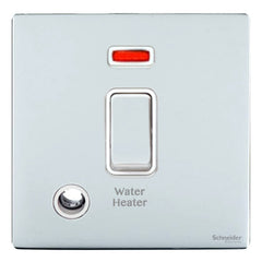 GU2414WHWPC Ultimate screwless flat plate polished chrome white insert 20AX DP switch + neon + F/O marked water heater