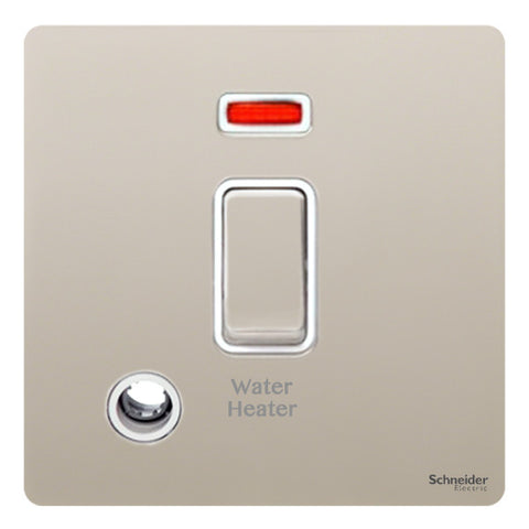 GU2414WHWPN Ultimate screwless flat plate pearl nickel white insert 20AX DP switch + neon + F/O marked water heater