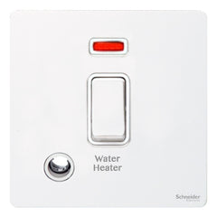 GU2414WHWPW Ultimate screwless flat plate white metal white insert 20AX DP switch + neon + F/O marked water heater