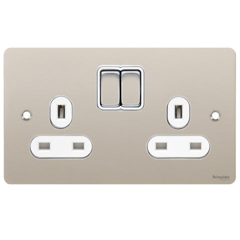 GU3220WPN Ultimate flat plate pearl nickel white insert 2 gang 13A switched socket