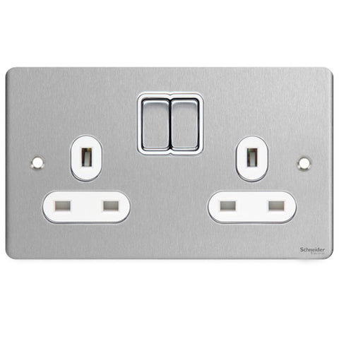 GU3220WSS Ultimate flat plate stainless steel white insert 2 gang 13A switched socket