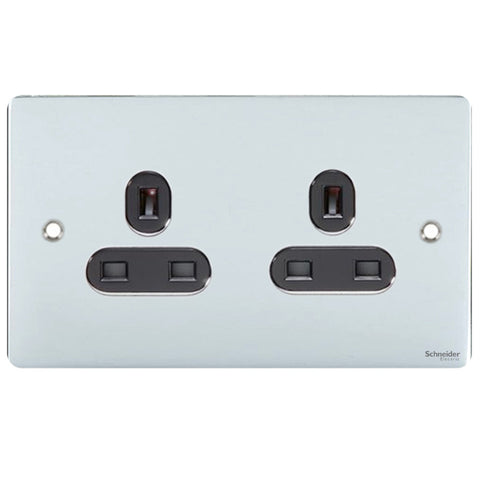GU3260BPC Ultimate flat plate polished chrome black insert 2 gang 13A unswitched socket