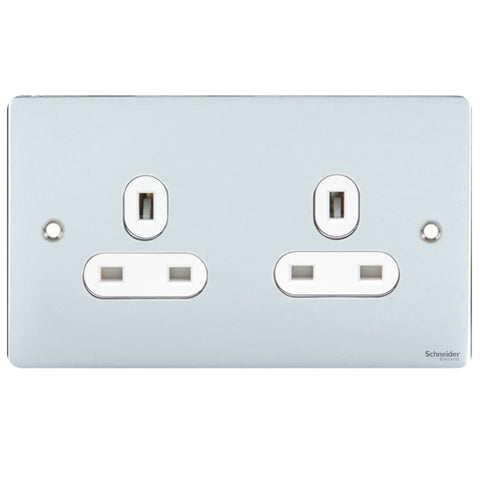 GU3260WPC Ultimate flat plate polished chrome white insert 2 gang 13A unswitched socket