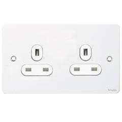 GU3260WPW Ultimate flat plate white metal white insert 2 gang 13A unswitched socket