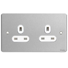 GU3260WSS Ultimate flat plate stainless steel white insert 2 gang 13A unswitched socket