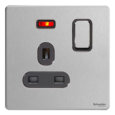 GU3411BSS Ultimate screwless flat plate stainless steel black insert 1 gang 13A switched + neons socket