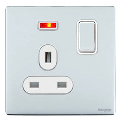 GU3411WPC Ultimate screwless flat plate polished chrome white insert 1 gang 13A switched + neons socket