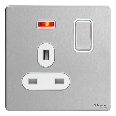 GU3411WSS Ultimate screwless flat plate stainless steel white insert 1 gang 13A switched + neons socket