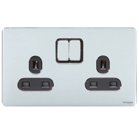 GU3420BPC Ultimate screwless flat plate polished chrome black insert 2 gang 13A switched socket