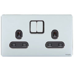 GU3420BPC Ultimate screwless flat plate polished chrome black insert 2 gang 13A switched socket