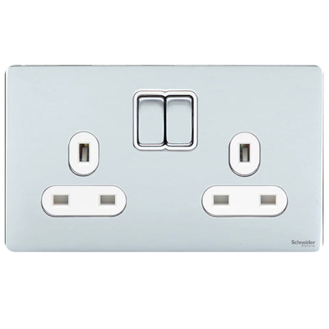 GU3420WPC Ultimate screwless flat plate polished chrome white insert 2 gang 13A switched socket