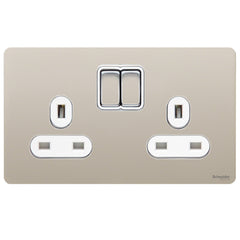 GU3420WPN Ultimate screwless flat plate pearl nickel white insert 2 gang 13A switched socket